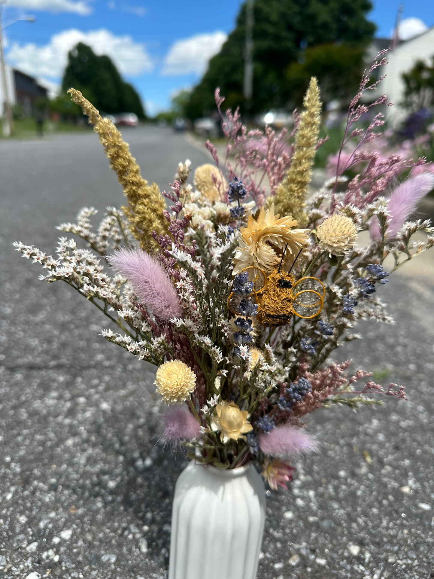 Dried Purple Spring Bouquet with Bumble Bee