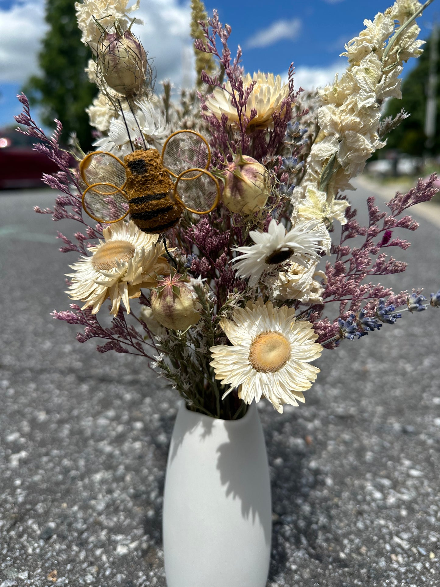Dried Purple Spring Bouquet with Bumble Bee