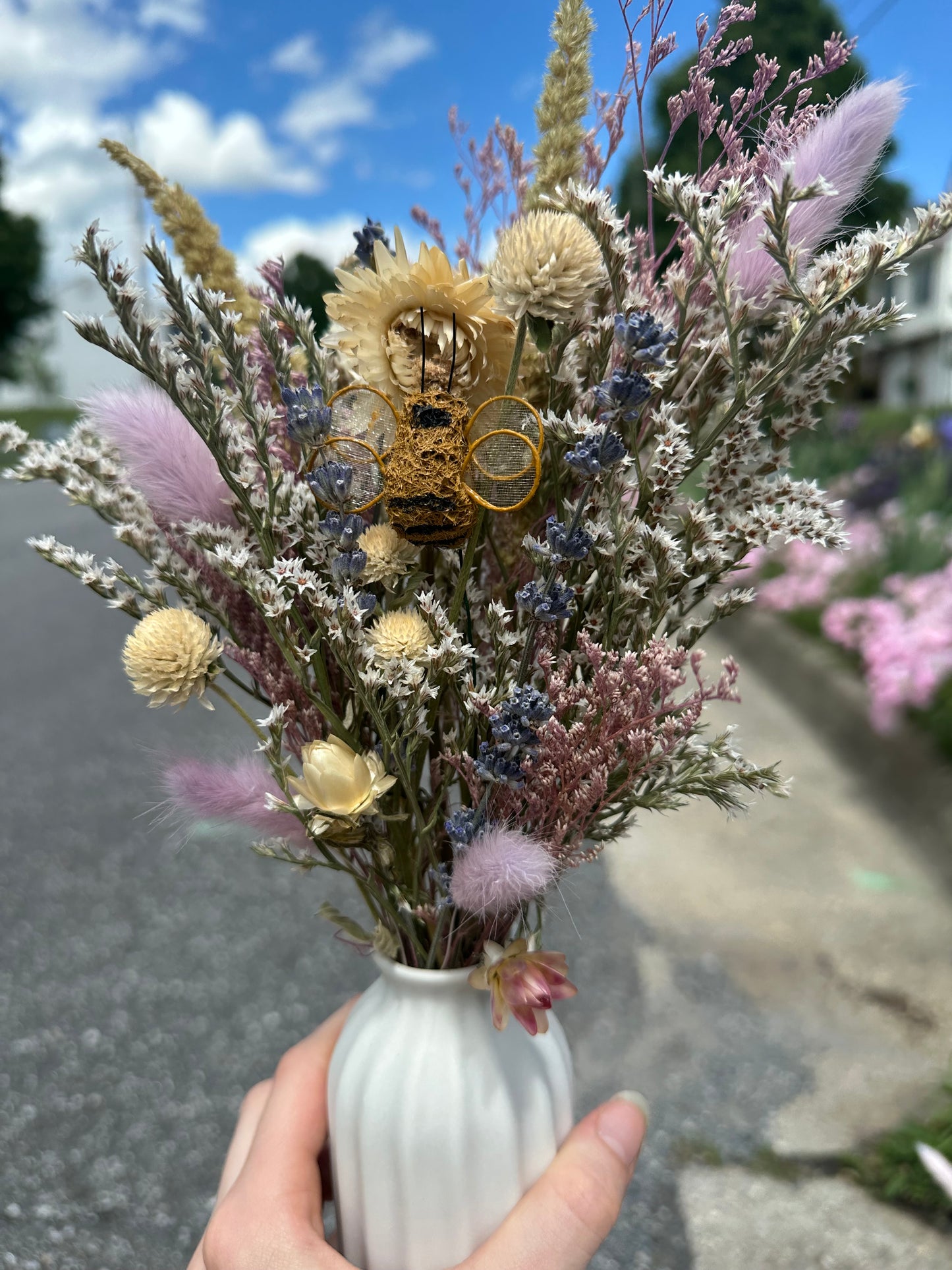 Dried Purple Spring Bouquet with Bumble Bee