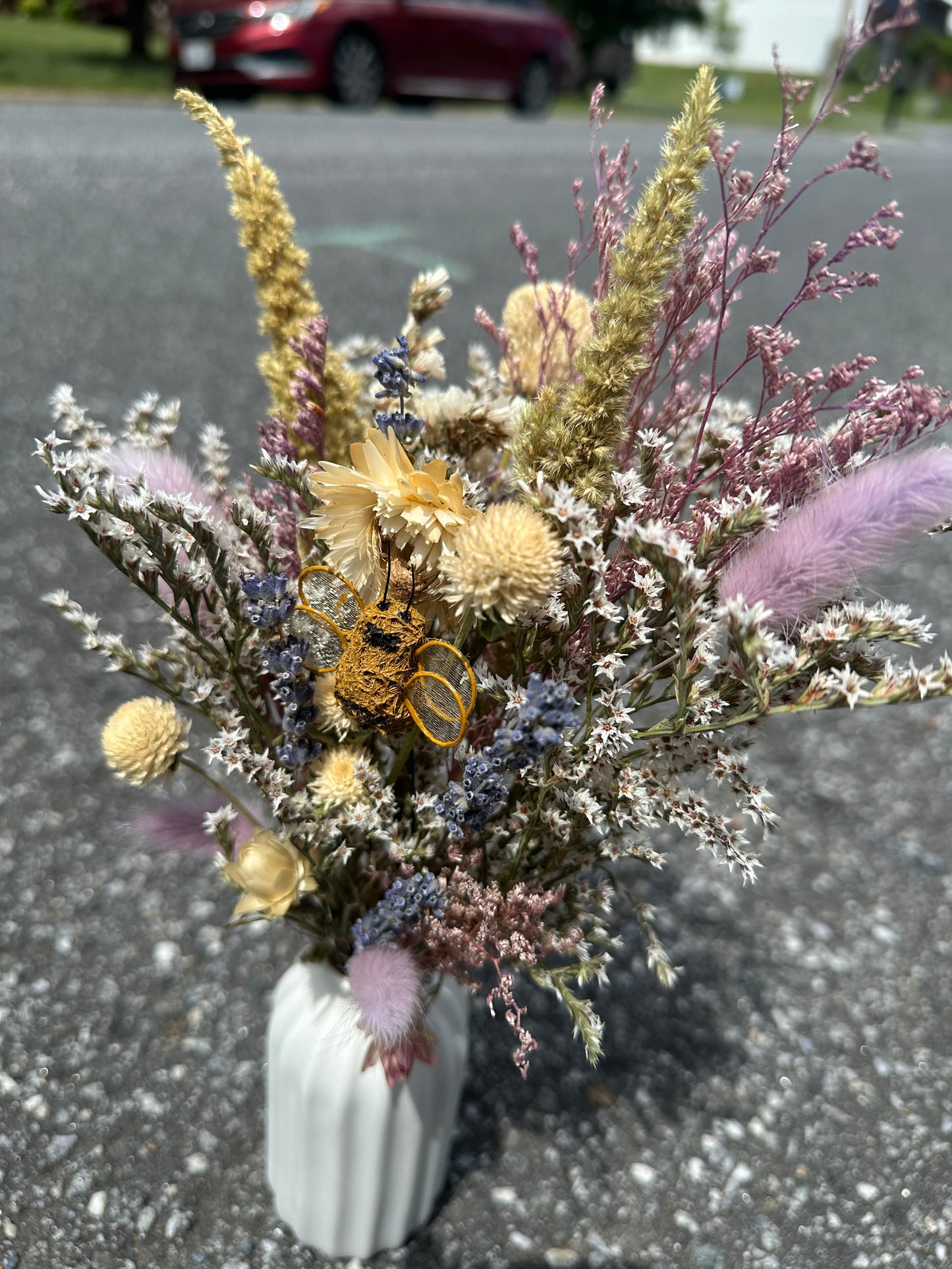 Dried Purple Spring Bouquet with Bumble Bee