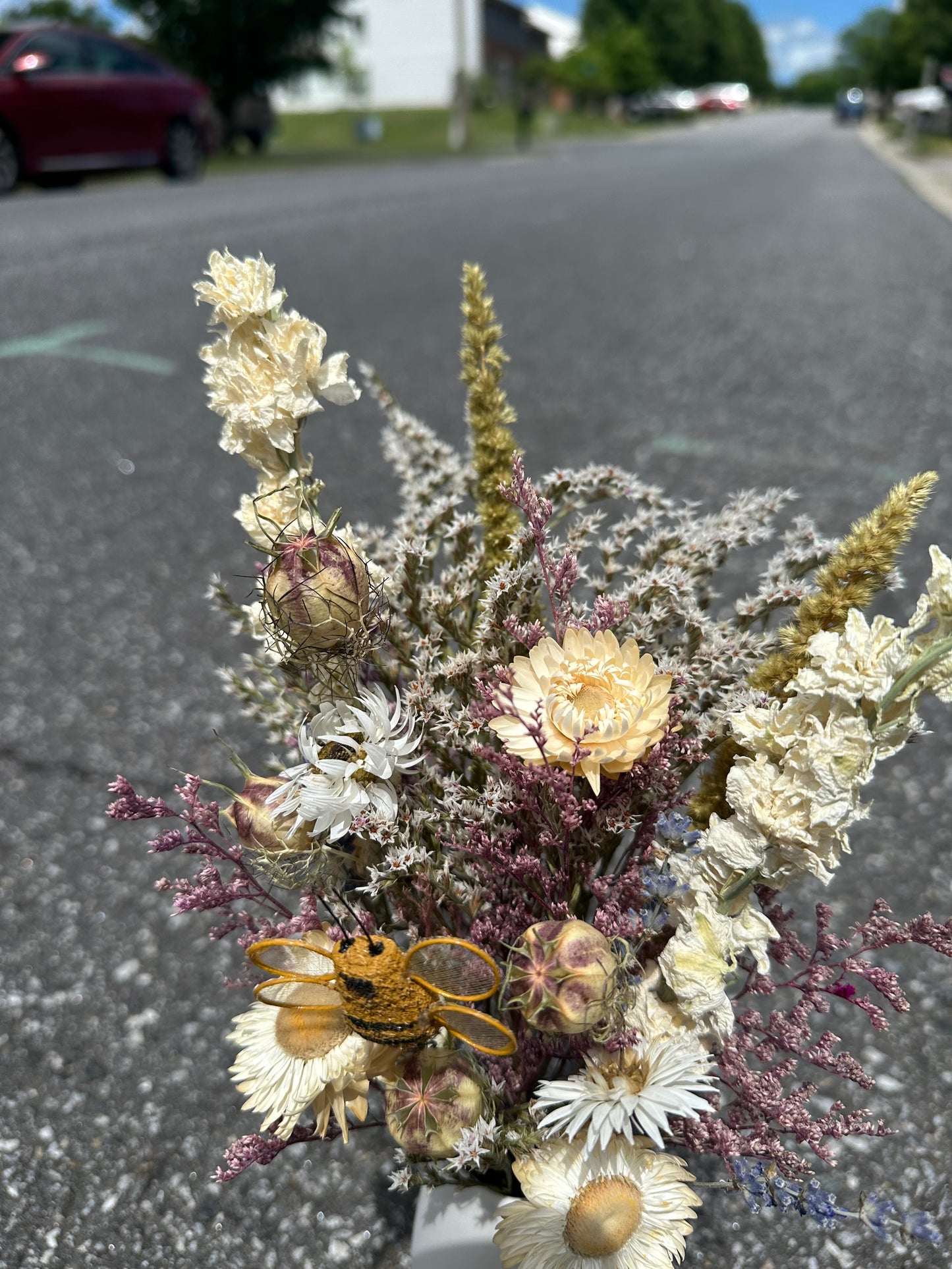 Dried Purple Spring Bouquet with Bumble Bee