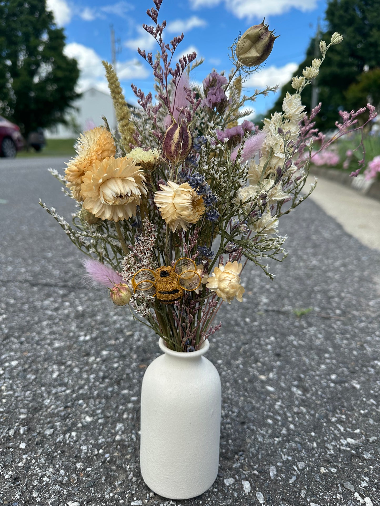 Dried Purple Spring Bouquet with Bumble Bee