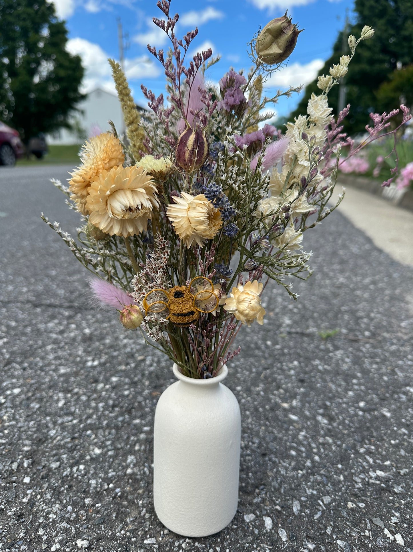 Dried Purple Spring Bouquet with Bumble Bee