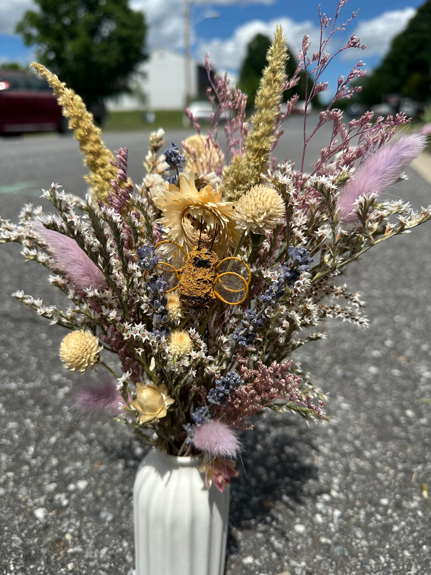 Dried Purple Spring Bouquet with Bumble Bee