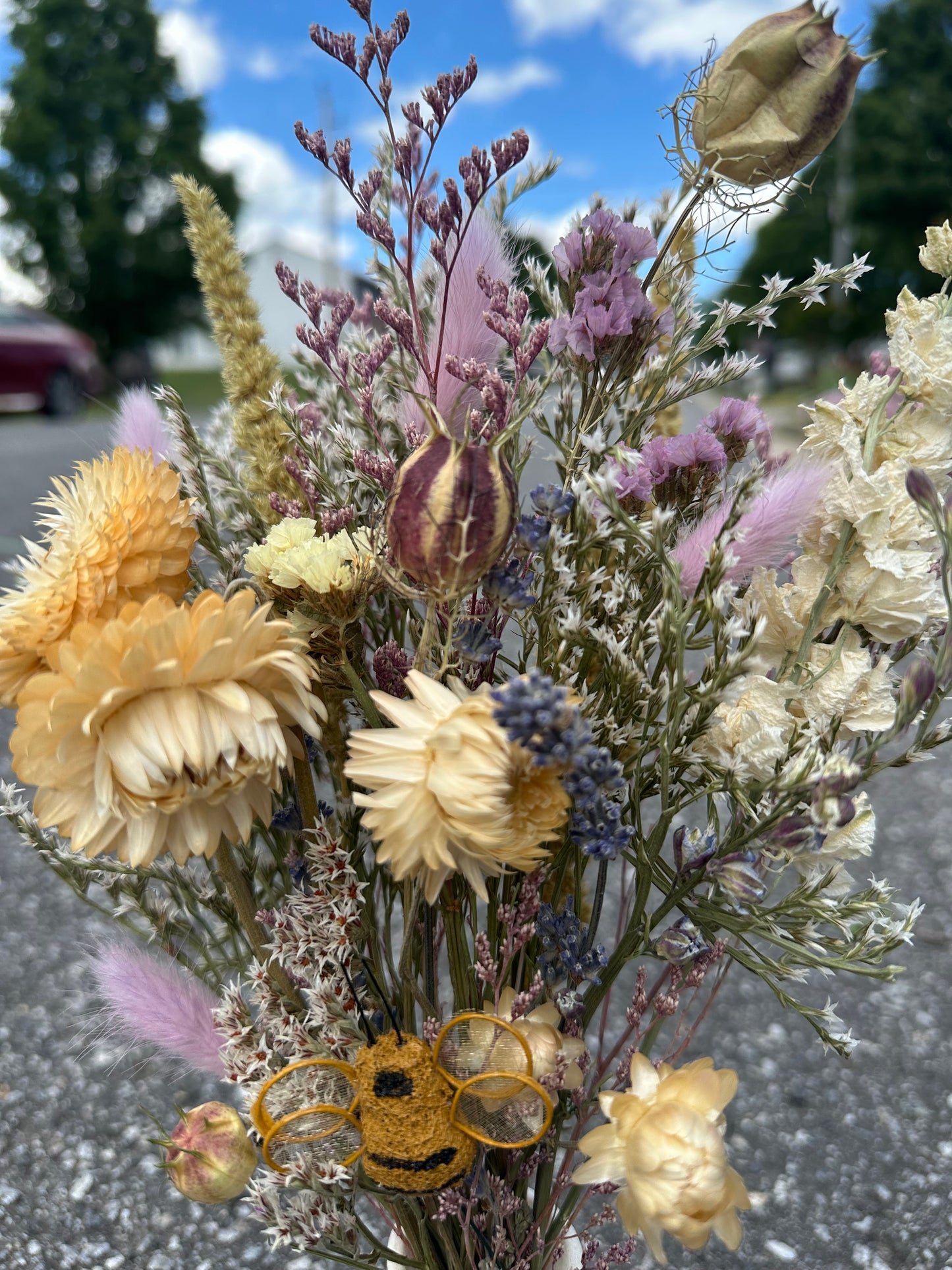Dried Purple Spring Bouquet with Bumble Bee