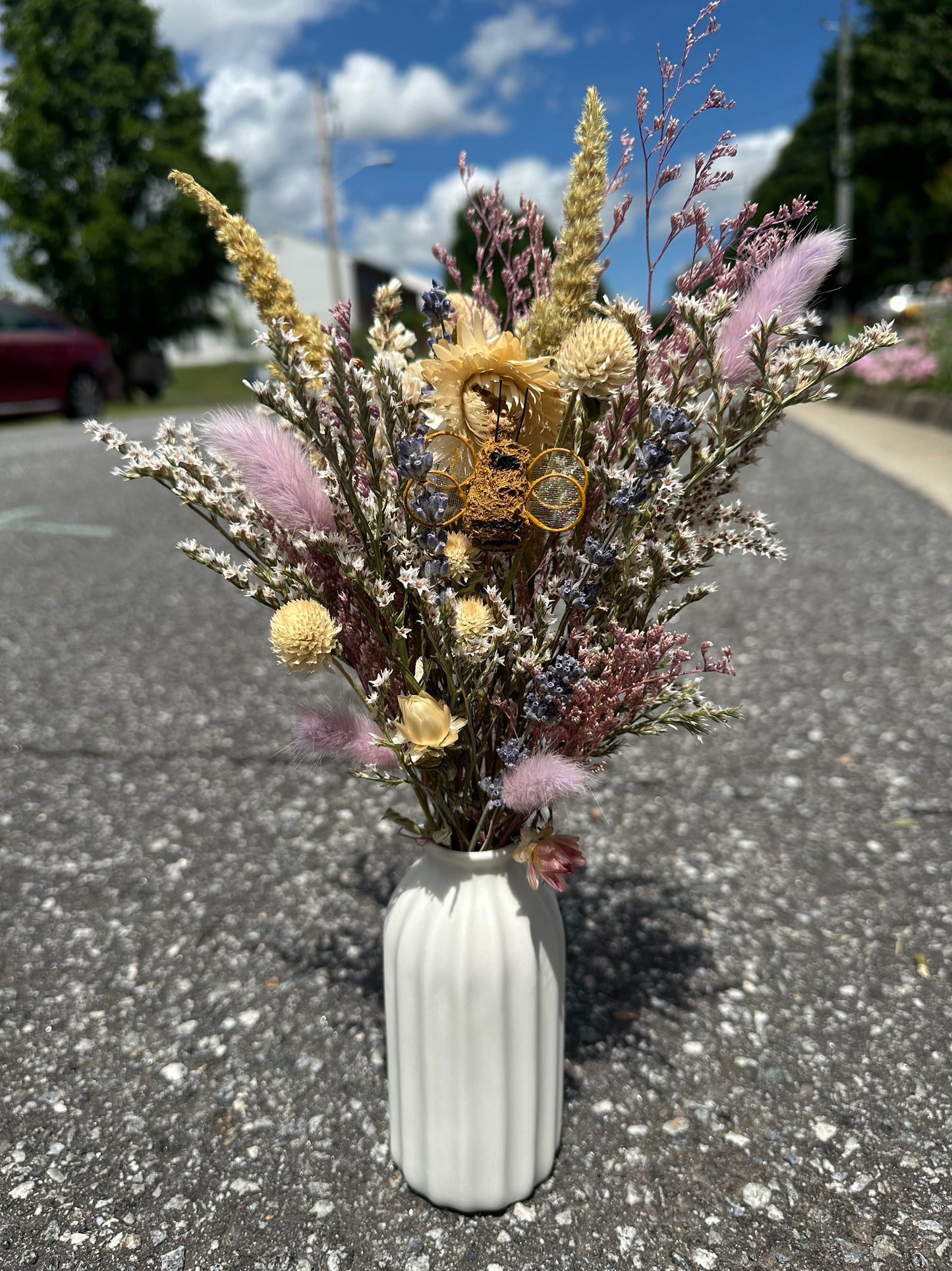 Dried Purple Spring Bouquet with Bumble Bee
