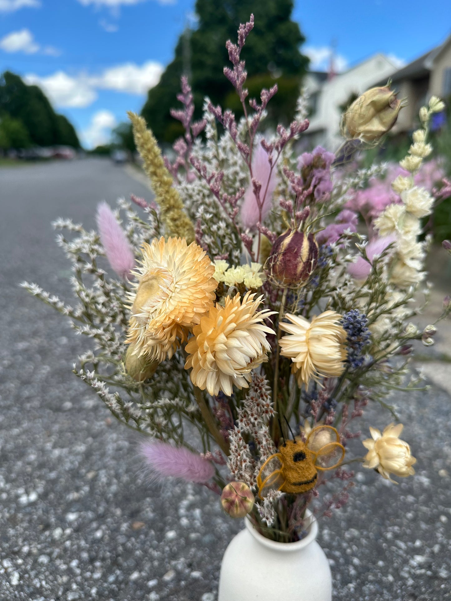 Dried Purple Spring Bouquet with Bumble Bee