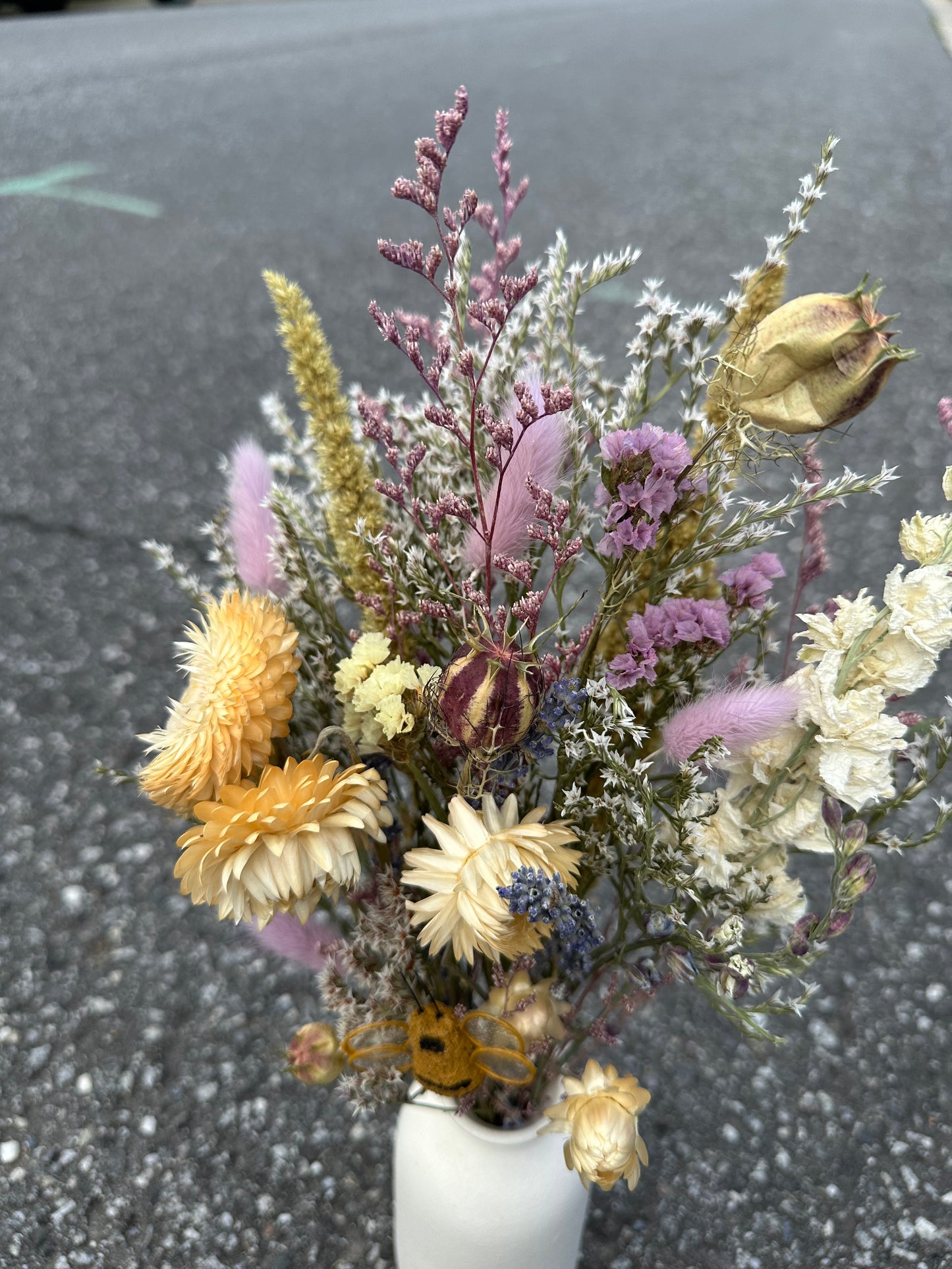 Dried Purple Spring Bouquet with Bumble Bee