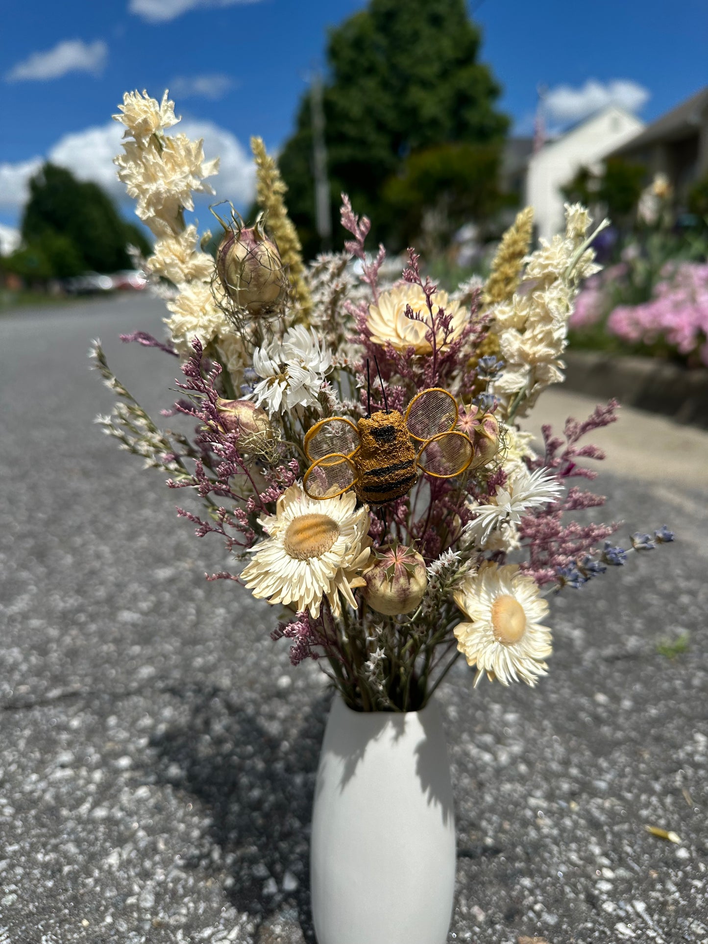 Dried Purple Spring Bouquet with Bumble Bee